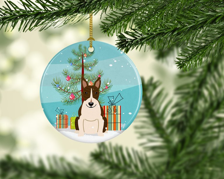 Merry Christmas Tree Bull Terrier Dark Brindle Ceramic Ornament