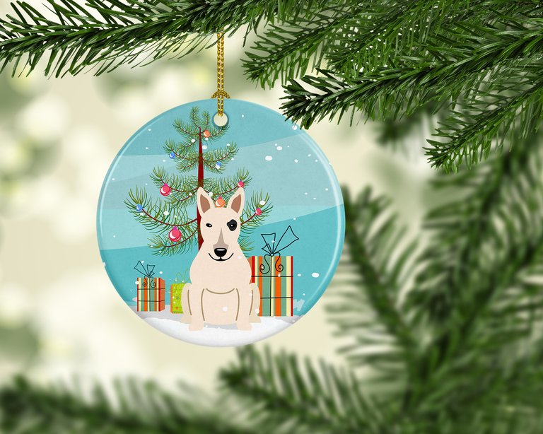 Merry Christmas Tree Bull Terrier White Ceramic Ornament