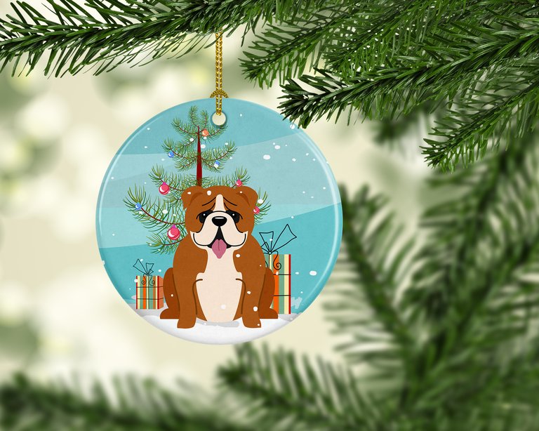 Merry Christmas Tree English Bulldog Red White Ceramic Ornament