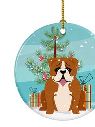 Merry Christmas Tree English Bulldog Red White Ceramic Ornament