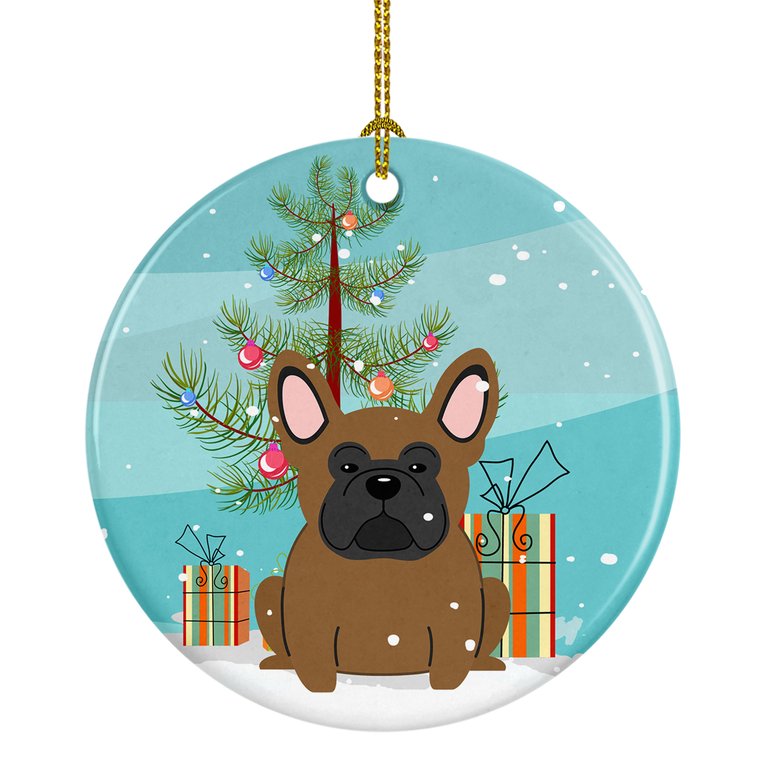 Merry Christmas Tree French Bulldog Brown Ceramic Ornament