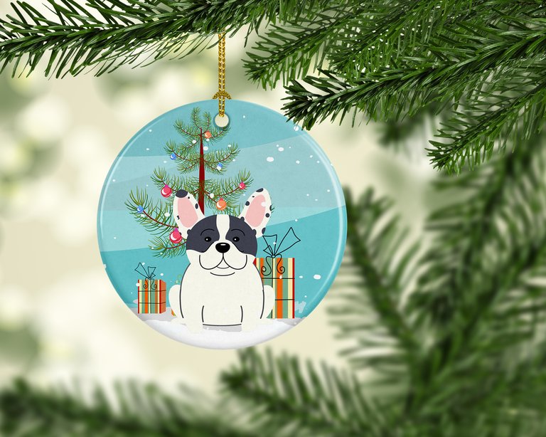 Merry Christmas Tree French Bulldog Piebald Ceramic Ornament
