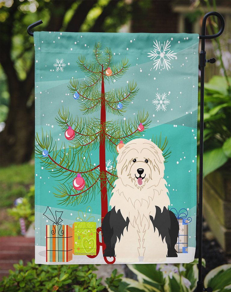 Merry Christmas Tree Old English Sheepdog Garden Flag 2-Sided 2-Ply