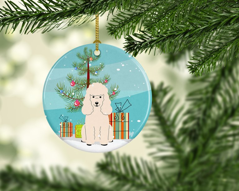 Merry Christmas Tree Poodle White Ceramic Ornament