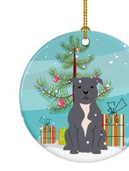 Merry Christmas Tree Staffordshire Bull Terrier Blue Ceramic Ornament