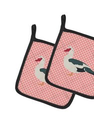 Muscovy Duck Pink Check Pair of Pot Holders