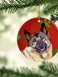 Norwegian Elkhound Red and Green Snowflakes Holiday Christmas Ceramic Ornament