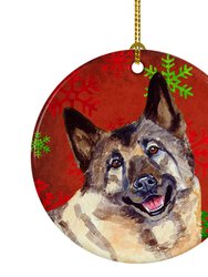 Norwegian Elkhound Red and Green Snowflakes Holiday Christmas Ceramic Ornament