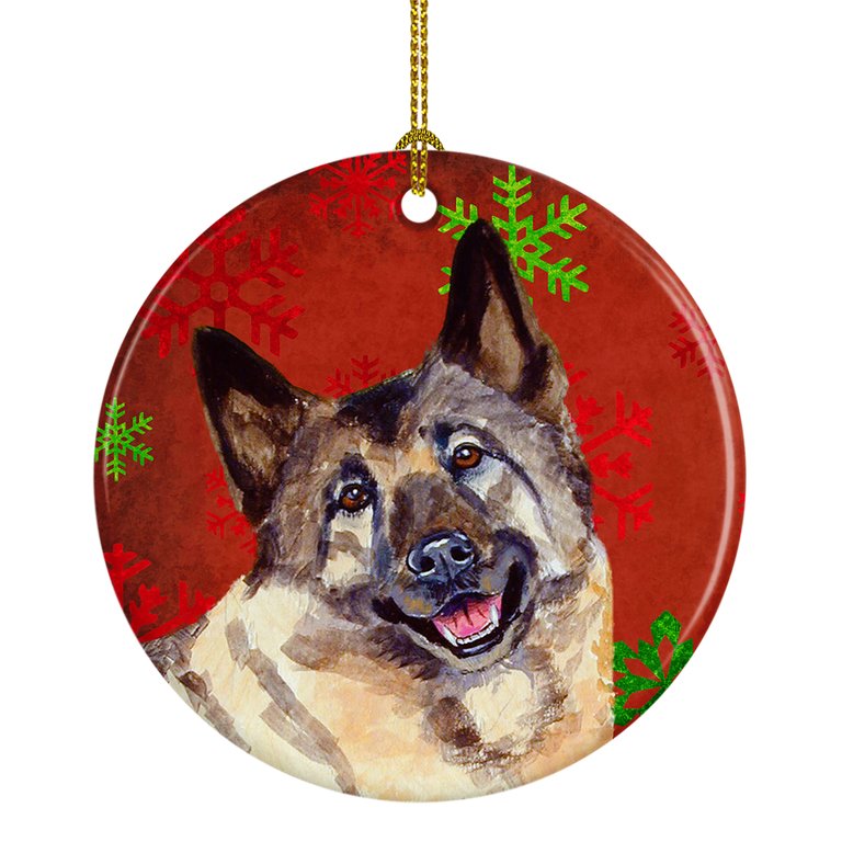 Norwegian Elkhound Red and Green Snowflakes Holiday Christmas Ceramic Ornament