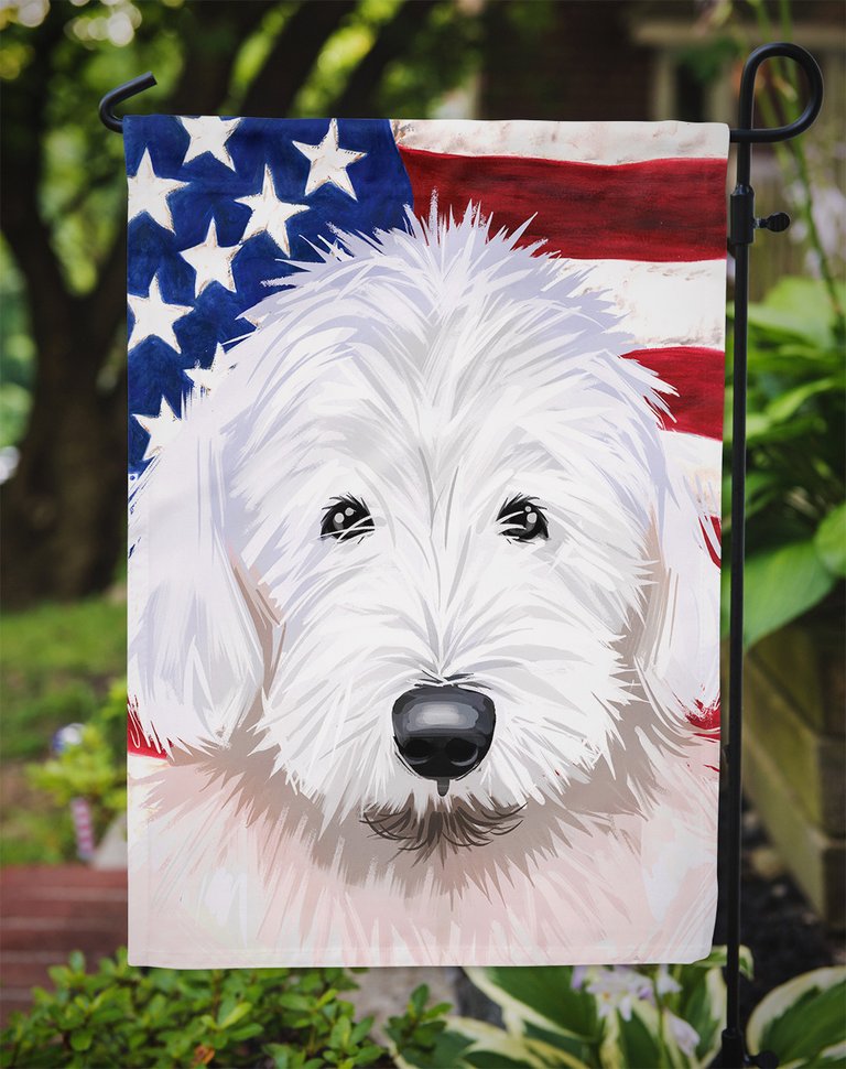 Old English Sheepdog American Flag Garden Flag 2-Sided 2-Ply