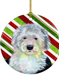 Old English Sheepdog Candy Cane Holiday Christmas Ceramic Ornament