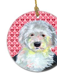 Old English Sheepdog Hearts Love and Valentine's Day Portrait Ceramic Ornament