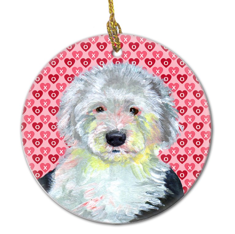 Old English Sheepdog Hearts Love and Valentine's Day Portrait Ceramic Ornament