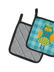 Owl on Blue Plaid Pair of Pot Holders