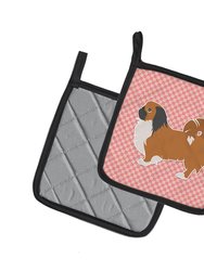 Pekingese Checkerboard Pink Pair of Pot Holders