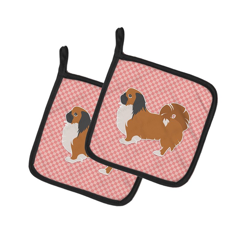 Pekingese Checkerboard Pink Pair of Pot Holders