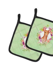 Pharaoh Hound Green Flowers Pair of Pot Holders