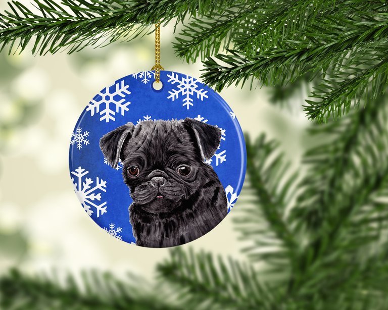 Pug Winter Snowflakes Holiday Ceramic Ornament