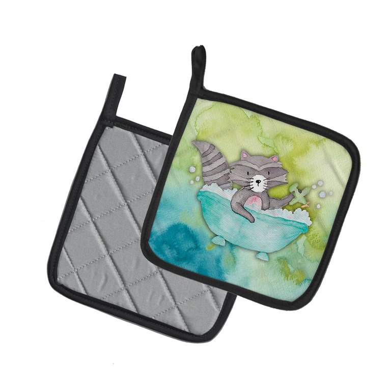 Raccoon Bathing Watercolor Pair of Pot Holders