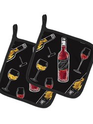 Red and White Wine on Black Pair of Pot Holders