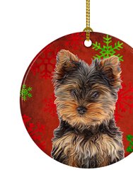 Red Snowflakes Holiday Christmas Yorkie Puppy / Yorkshire Terrier Ceramic Ornament