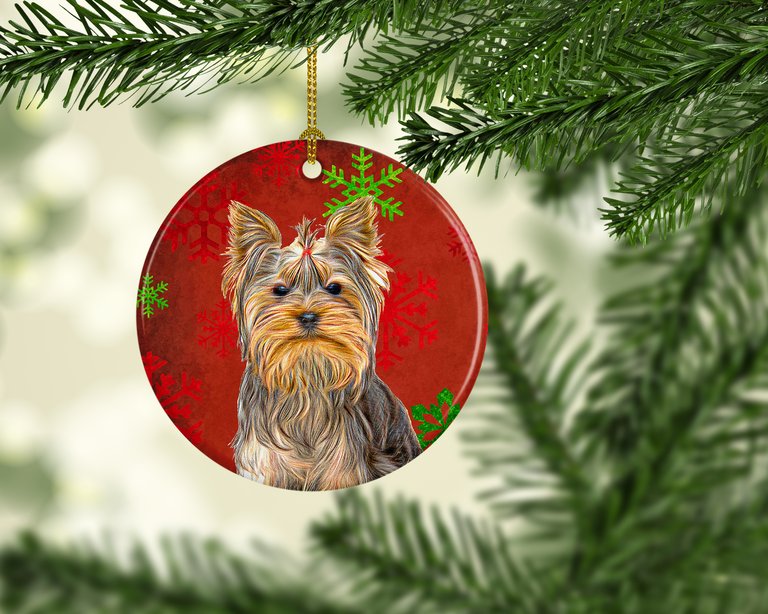 Red Snowflakes Holiday Christmas  Yorkie / Yorkshire Terrier Ceramic Ornament