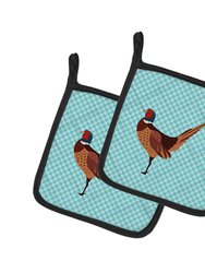 Ring-necked Common Pheasant Blue Check Pair of Pot Holders