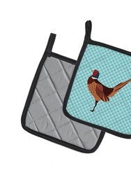 Ring-necked Common Pheasant Blue Check Pair of Pot Holders
