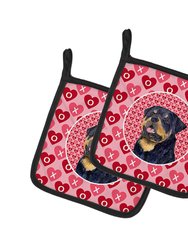 Rottweiler Hearts Love and Valentine's Day Portrait Pair of Pot Holders