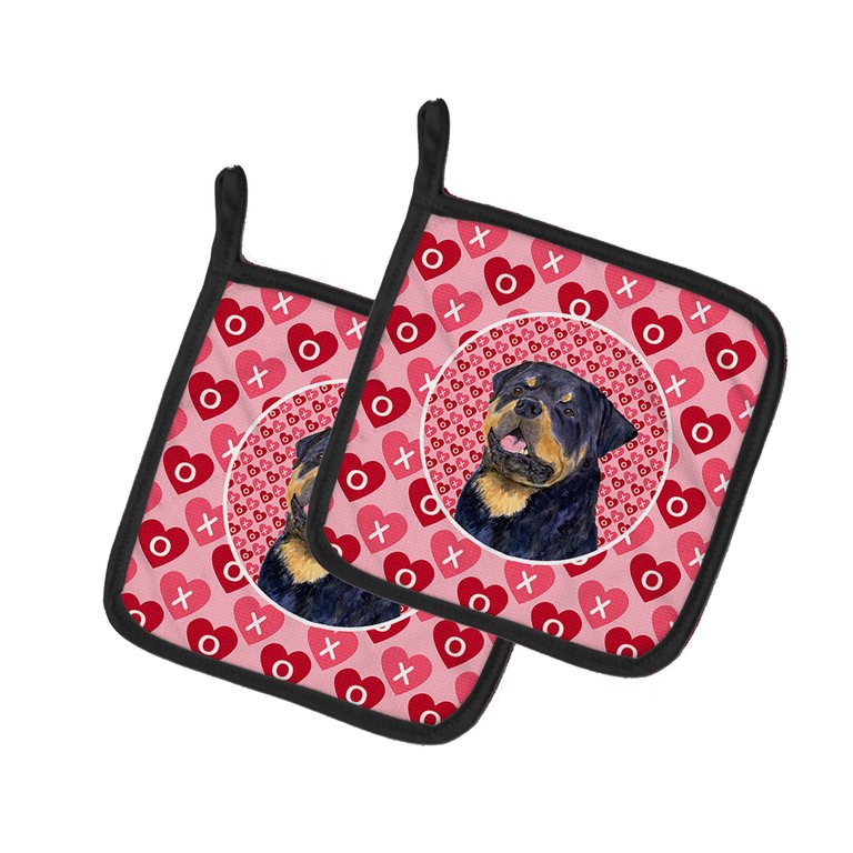 Rottweiler Hearts Love and Valentine's Day Portrait Pair of Pot Holders