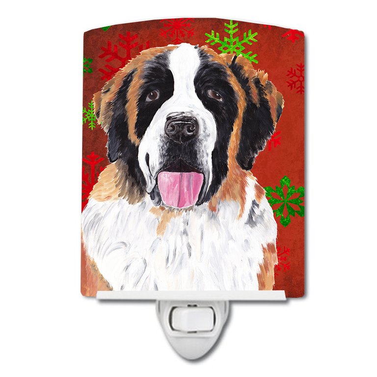 Saint Bernard Red Green Snowflake Christmas Ceramic Night Light