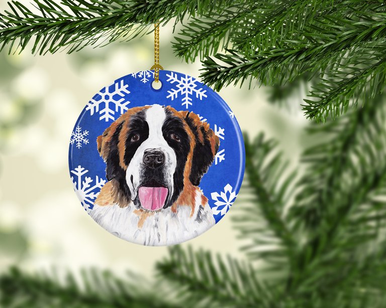 Saint Bernard Winter Snowflakes Holiday Ceramic Ornament