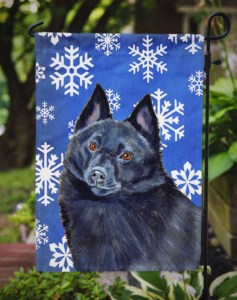 Schipperke Winter Snowflakes Holiday Garden Flag 2-Sided 2-Ply