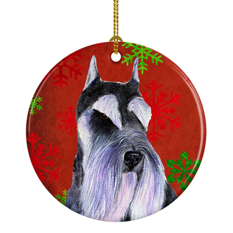 Schnauzer Red and Green Snowflakes Holiday Christmas Ceramic Ornament