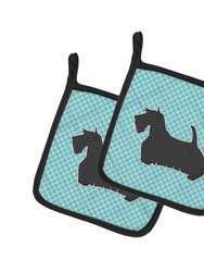 Scottish Terrier Checkerboard Blue Pair of Pot Holders