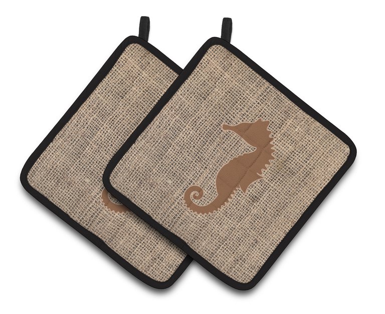 Sea Horse Burlap and Brown BB1018 Pair of Pot Holders