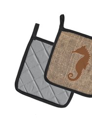 Sea Horse Burlap and Brown BB1018 Pair of Pot Holders