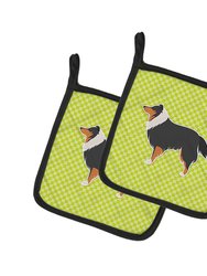 Sheltie/Shetland Sheepdog Checkerboard Green Pair of Pot Holders