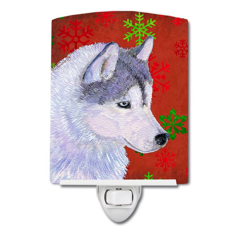Siberian Husky Red Green Snowflake Holiday Christmas Ceramic Night Light