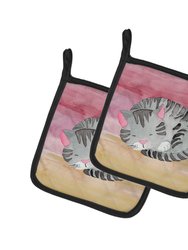 Sleeping Grey Cat Watercolor Pair of Pot Holders