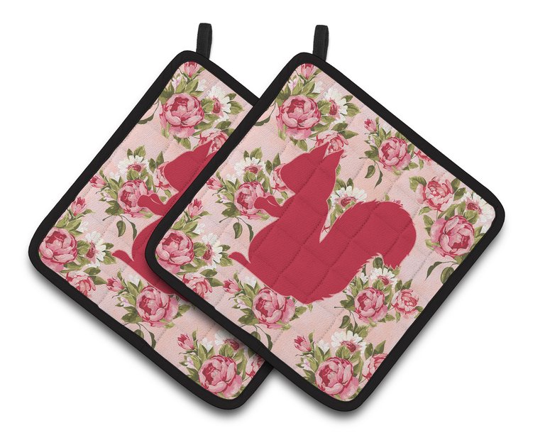 Squirrel Shabby Chic Pink Roses  Pair of Pot Holders
