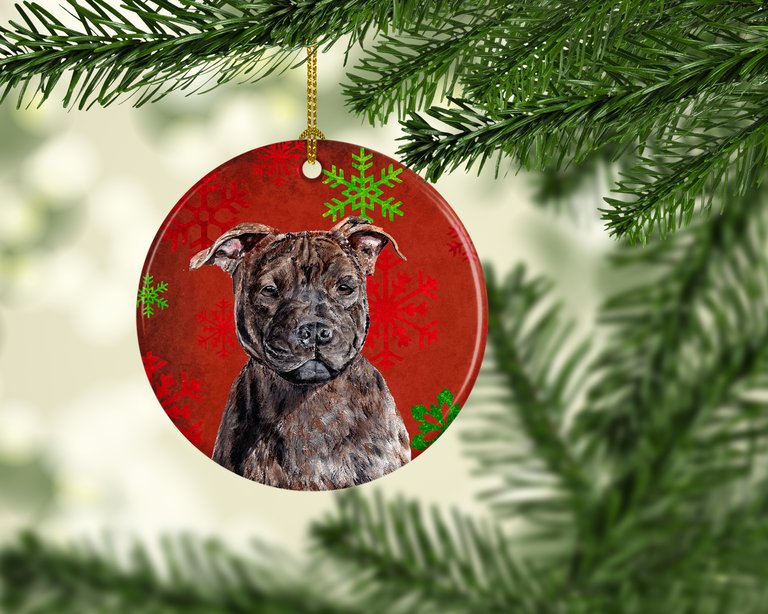 Staffordshire Bull Terrier Staffie Red Snowflakes Holiday Ceramic Ornament