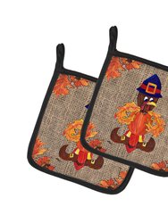 Thanksgiving Turkey Fleur de lis on Faux Burlap Pair of Pot Holders