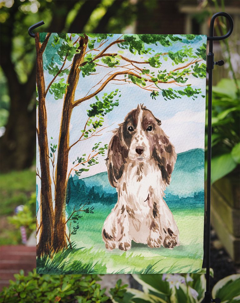 Under The Tree Chocolate Parti Cocker Spaniel Garden Flag 2-Sided 2-Ply
