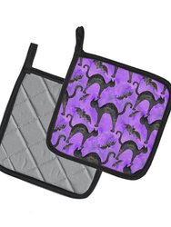 Watecolor Halloween Black Cats on Purple Pair of Pot Holders