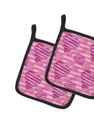 Watercolor Hot Pink Striped Hearts Pair of Pot Holders