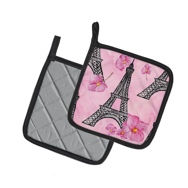 Watercolor Pink Flowers and Eiffel Tower Pair of Pot Holders