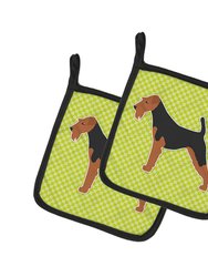 Welsh Terrier Checkerboard Green Pair of Pot Holders