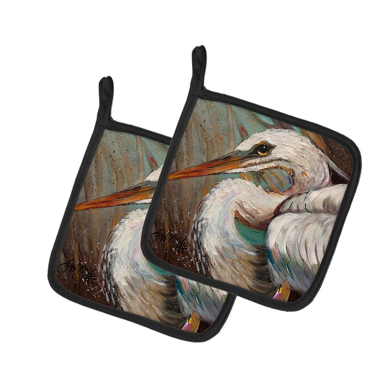 White Egret Pair of Pot Holders