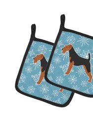 Winter Snowflake Airedale Terrier Pair of Pot Holders
